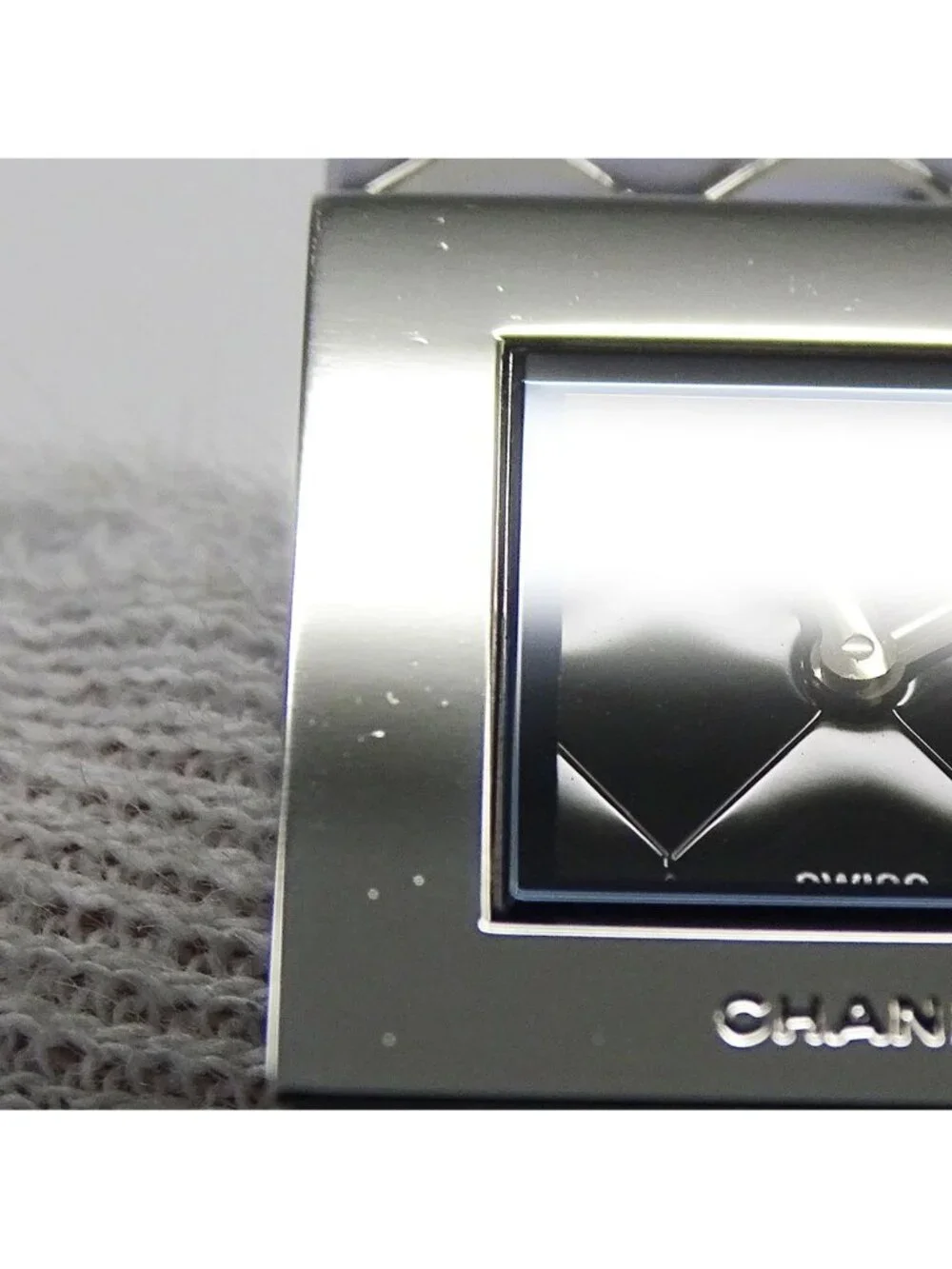 Chanel Watch Quilted Quartz Stainless Steel Silver Black Square Polished
